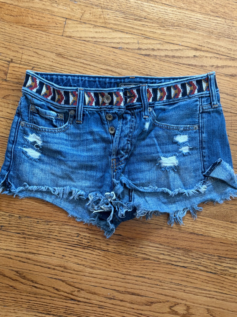 Abercrombie & Fitch Blue Distressed Denim Shorts with Patterned Waistband